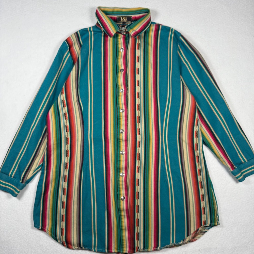 L&B Lucky & Blessed Serape Stripe Western Snap Front Shirt Teal Multi